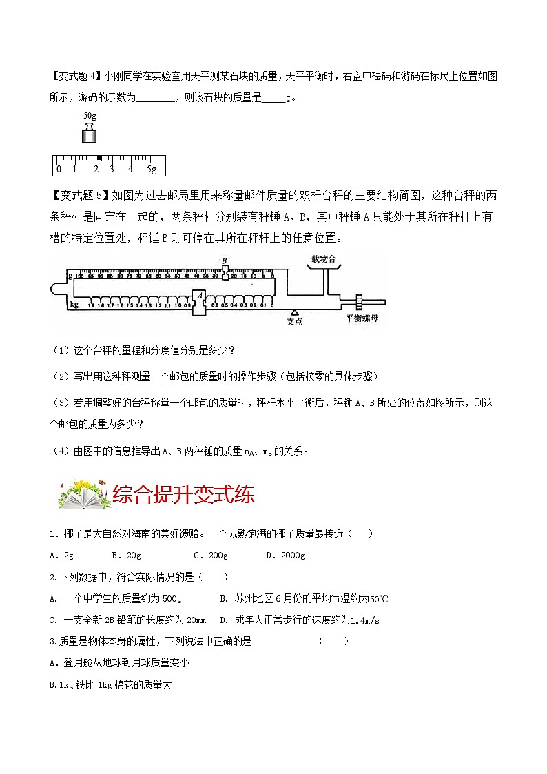 人教版八年级物理上册 第六章 《质量与密度》第1节 质量 （解析版+原卷版）期末复习试卷02
