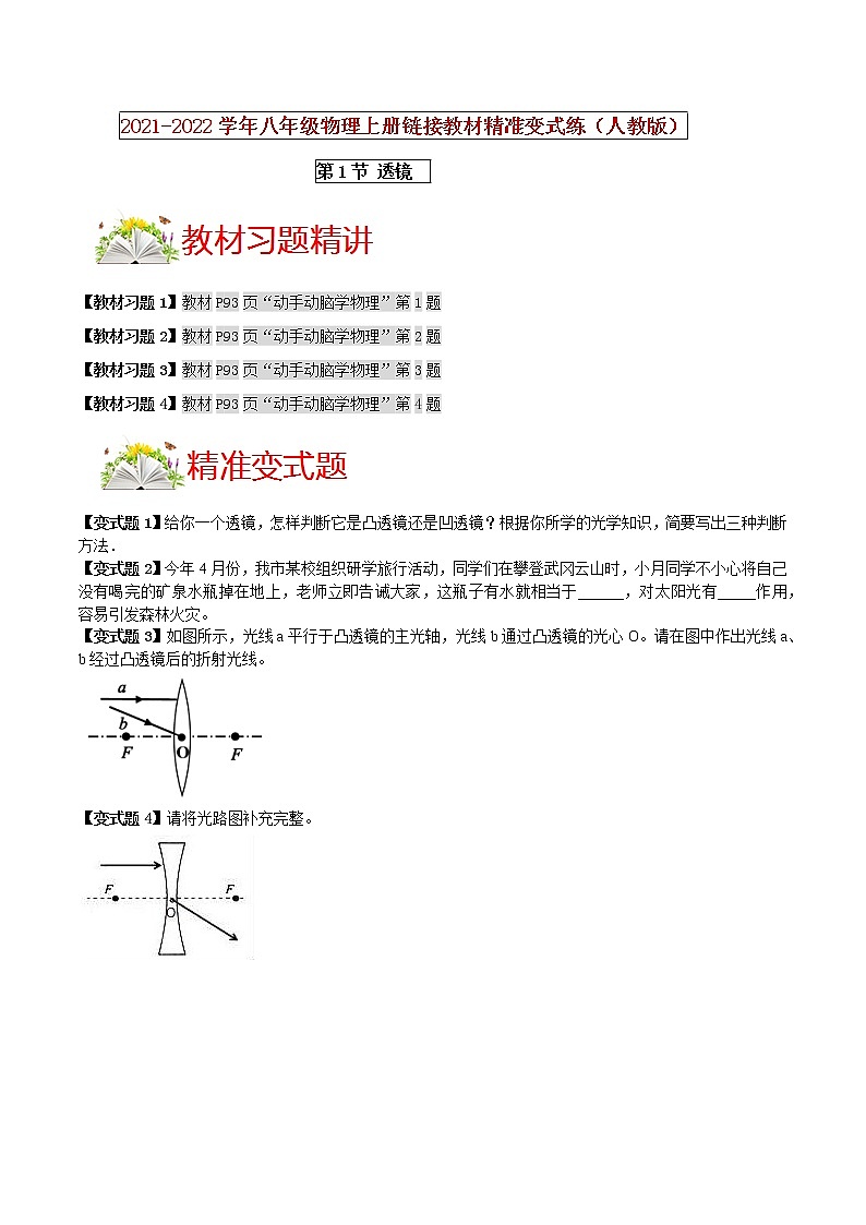 人教版八年级物理上册 第五章 《透镜及其应用》第1节 透镜（解析版+原卷版）期末复习试卷01