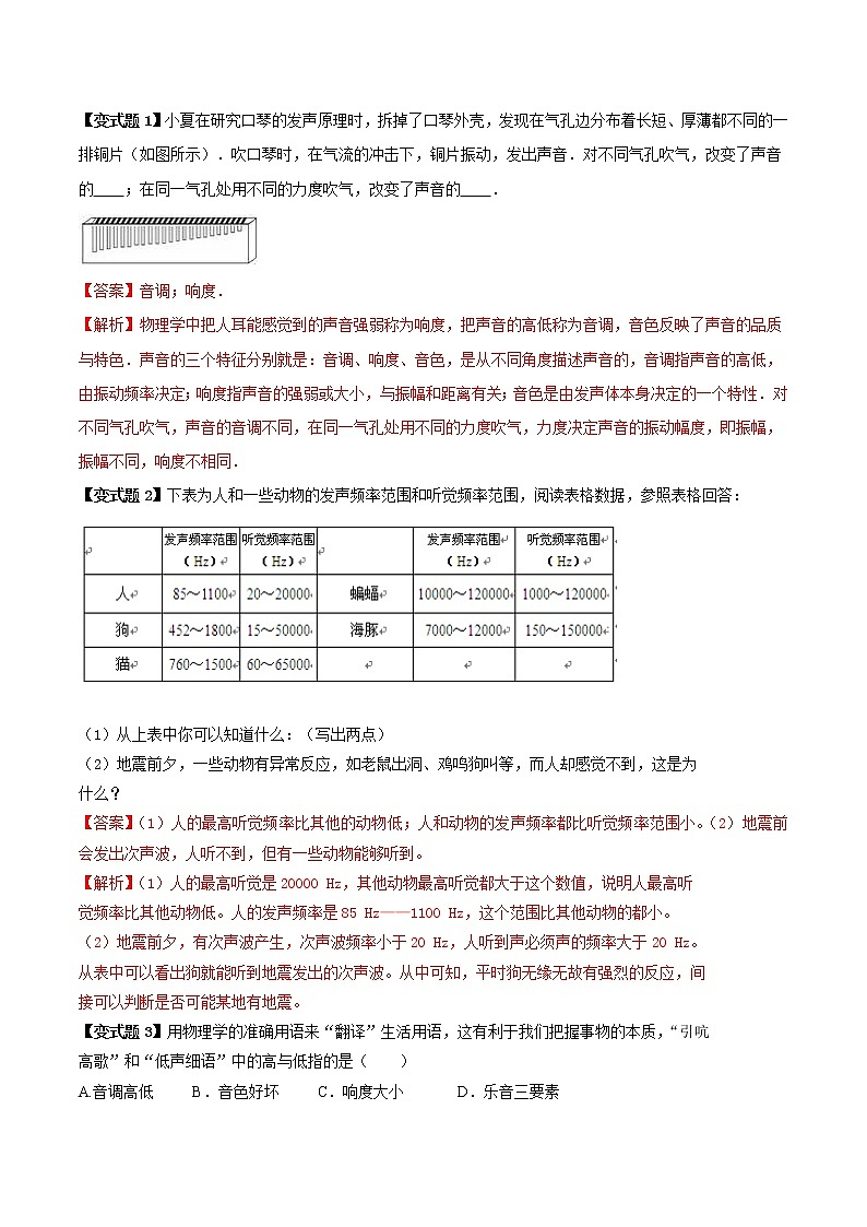 人教版八年级物理上册 第二章 《声现象》第2节 声音的特性 （解析版+原卷版）期末复习试卷03