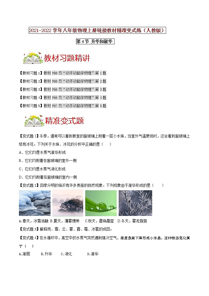 人教版八年级物理上册 第三章《 物态变化 》第4节 升华和凝华（解析版+原卷版）期末复习试卷01