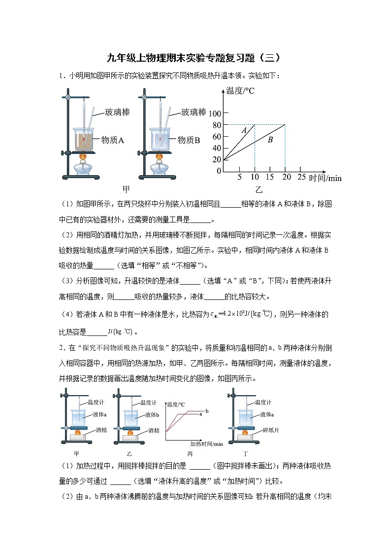 2021-2022学年人教版物理九年级上学期期末实验专题复习题（三）（word版 含答案）第1页