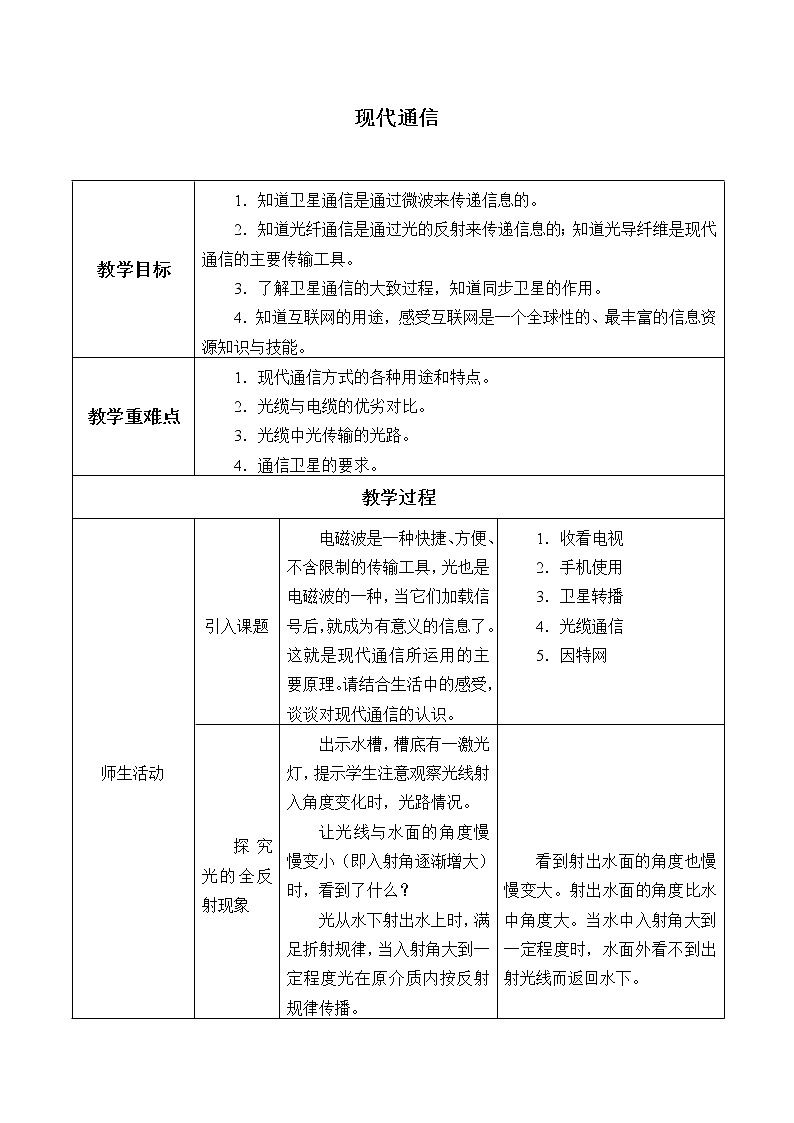 鲁教版（五四制）九年级下册 物理 教案 17.4现代通信01