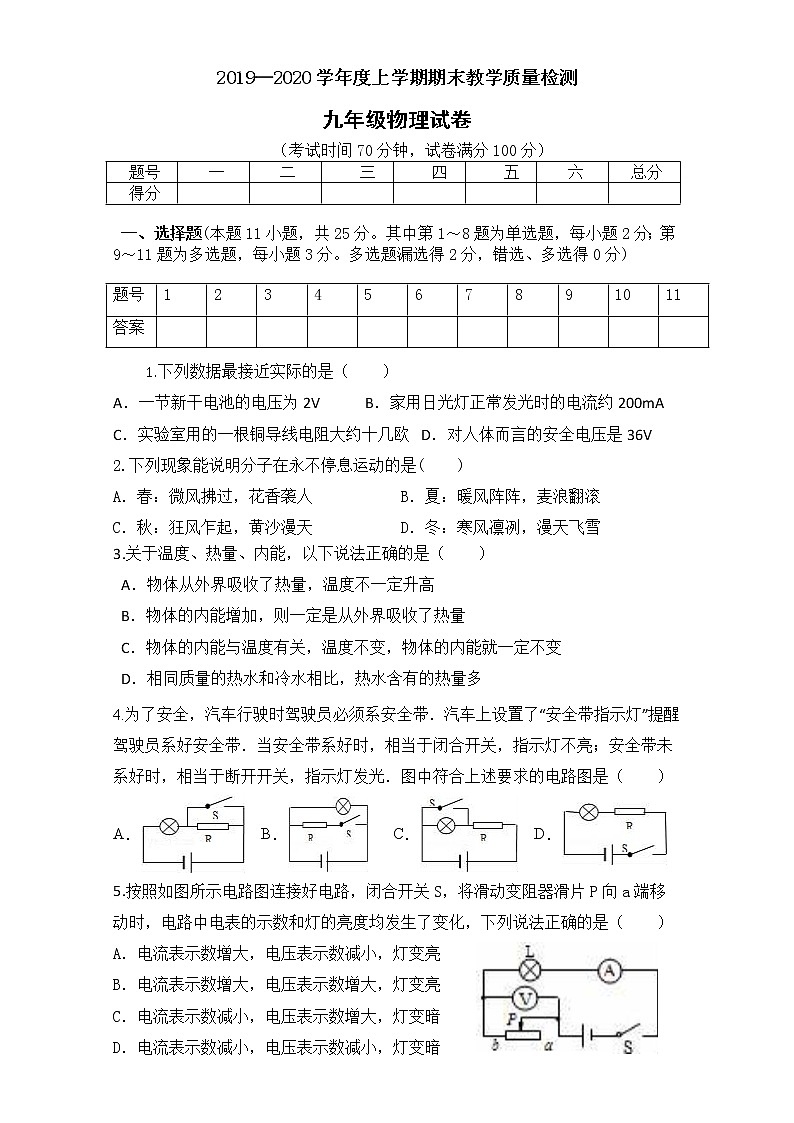 辽宁省大石桥市2019-2020学年九年级上学期期末教学质量检测物理试题第1页