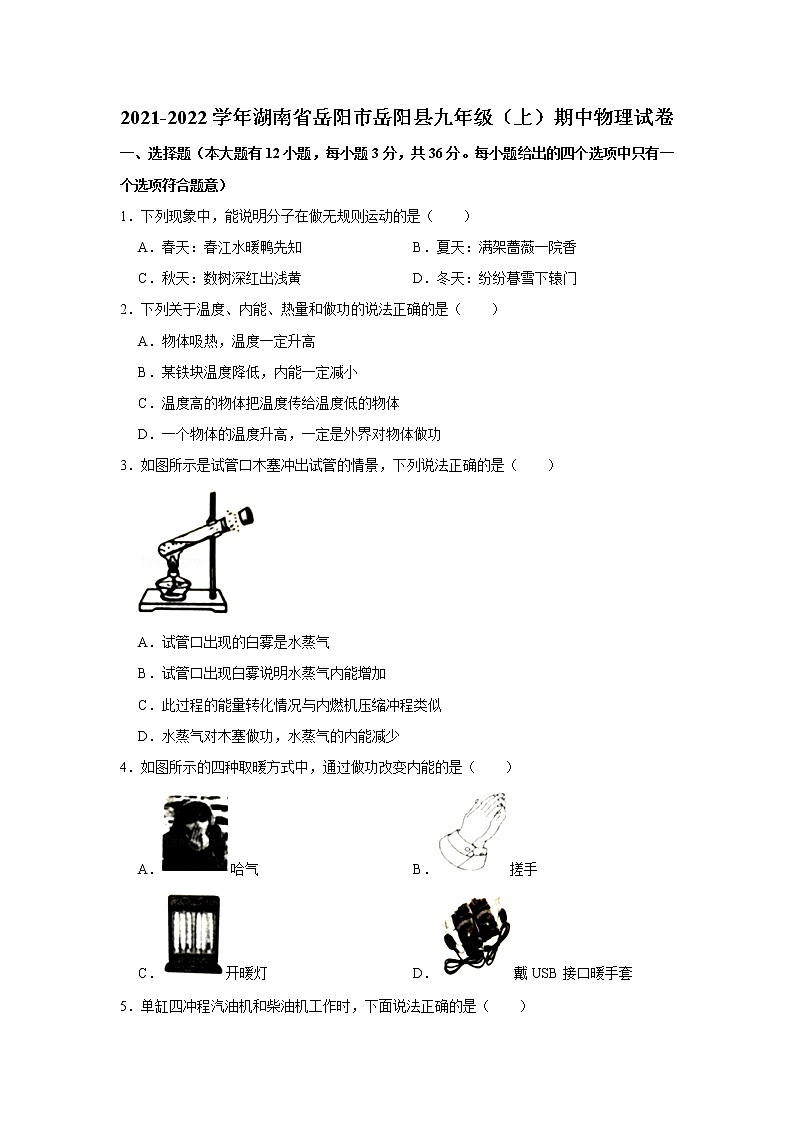 2021-2022学年湖南省岳阳市岳阳县九年级（上）期中物理试卷（word版无答案）01