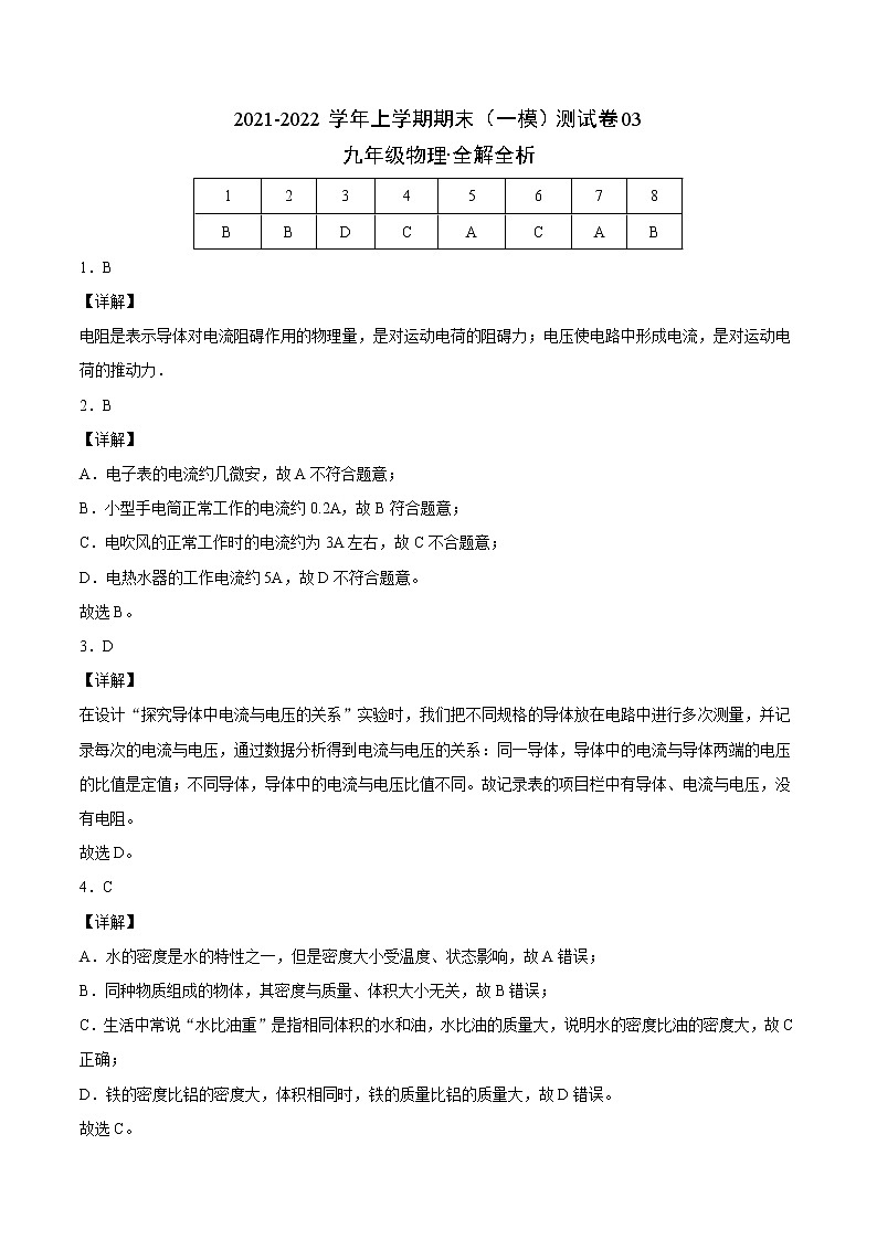 2021-2022学年九年级物理上学期期末测试卷（上海沪教版）03（全解全析）第1页