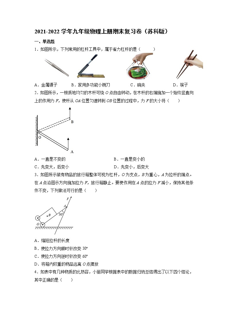 2021-2022学年苏科版物理九年级上学期期末总复习练习（word版 含答案）第1页