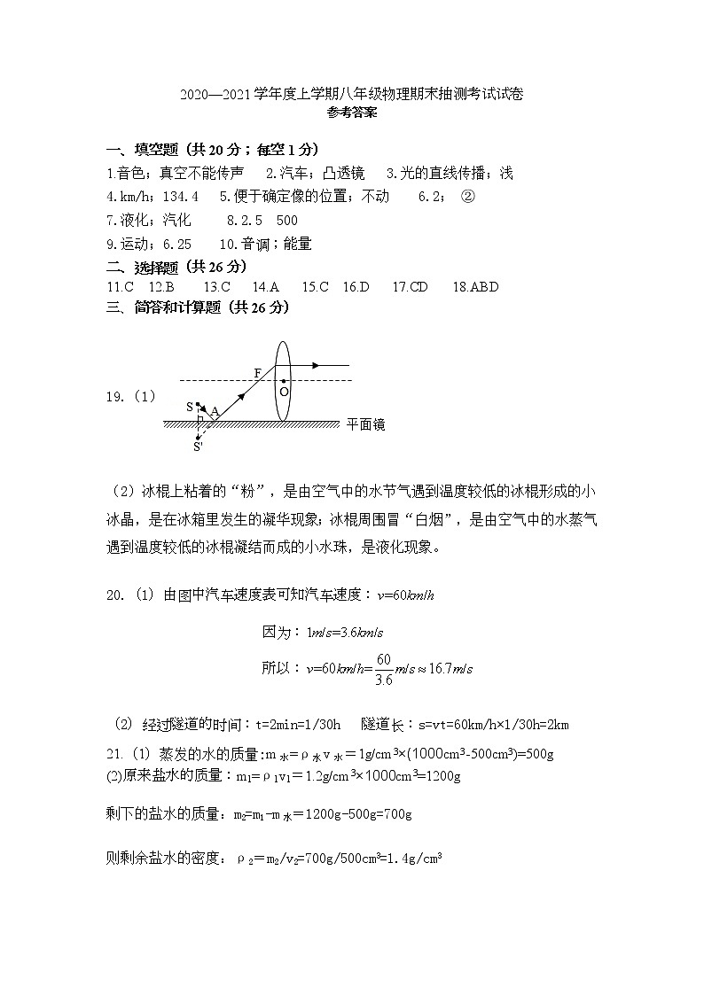 20202020—2021学年度上学期八年级物理参考答案第1页