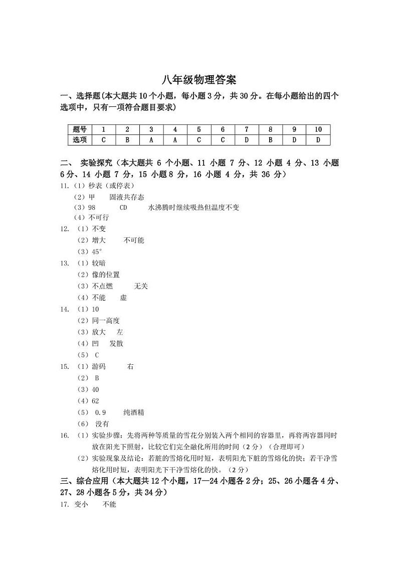 天镇县天城初级中学集团学校洋河校区2020-2021学年八年级期末考试物理答案（PDF版）第1页