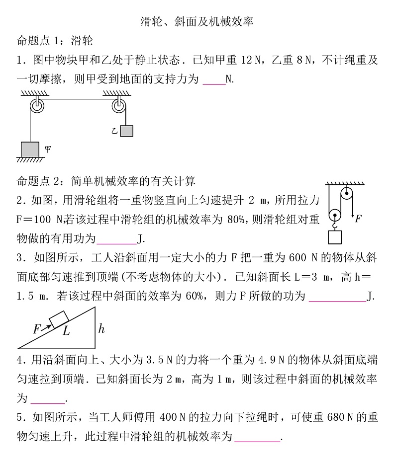 2022年人教版物理中考专题训练   滑轮、斜面及机械效率第1页