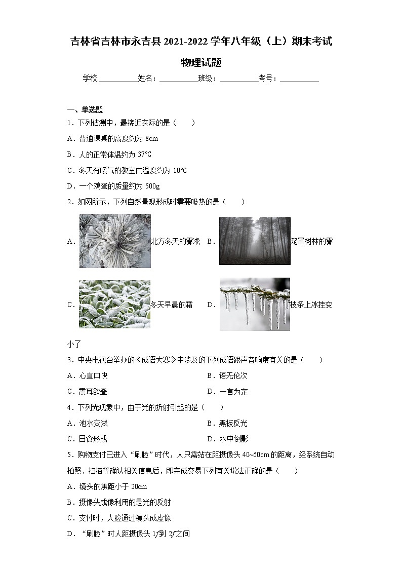 吉林省吉林市永吉县2021-2022学年八年级（上）期末考试物理试题第1页