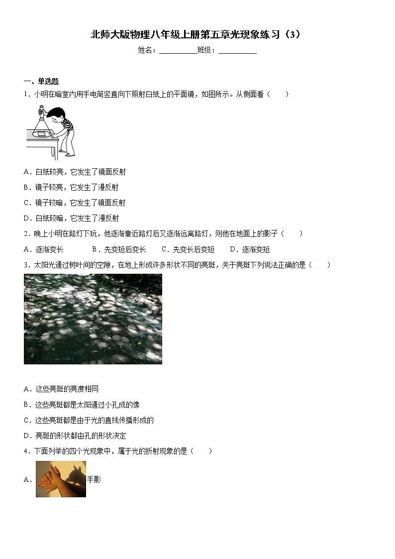 北师大版物理八年级上册第五章光现象练习（3）第1页