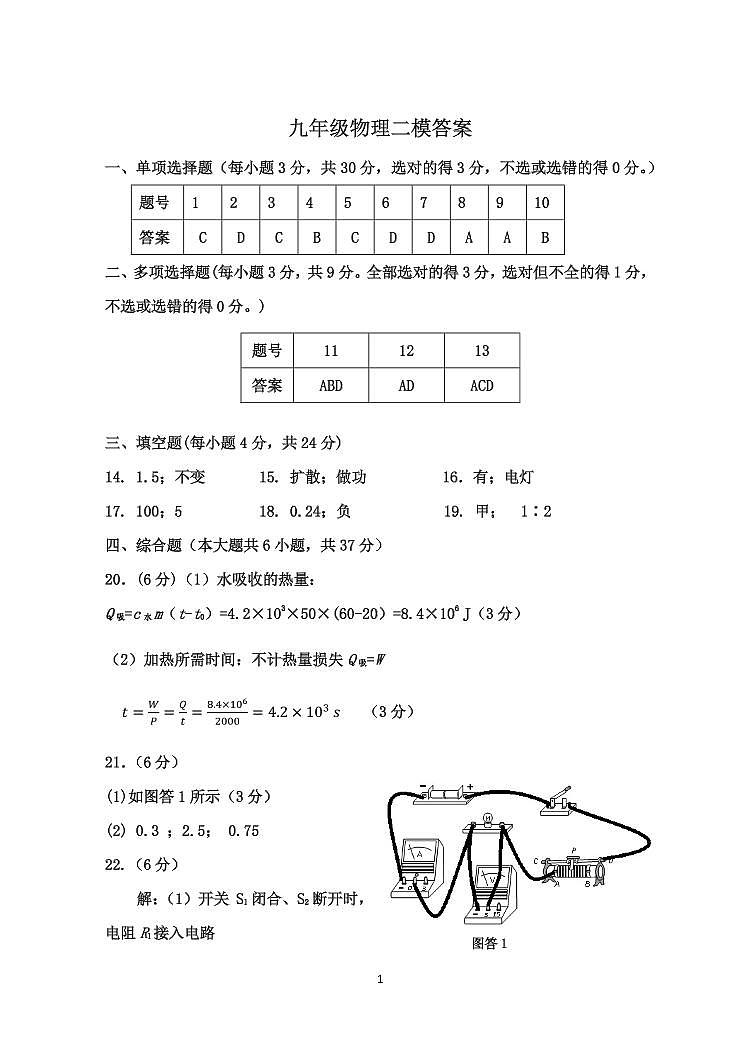 2021年红桥区二模物理答案第1页