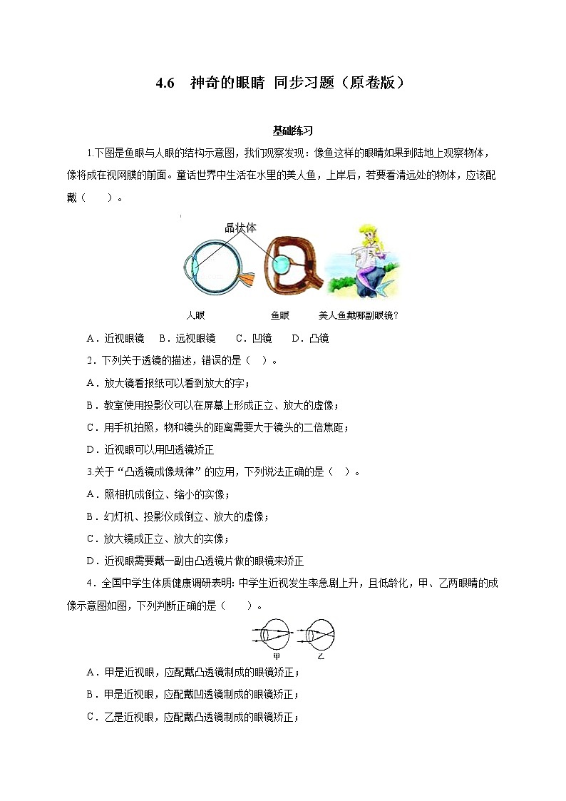 2021-2022学年初中物理教科版八年级上册 4.6  神奇的眼睛 同步习题01