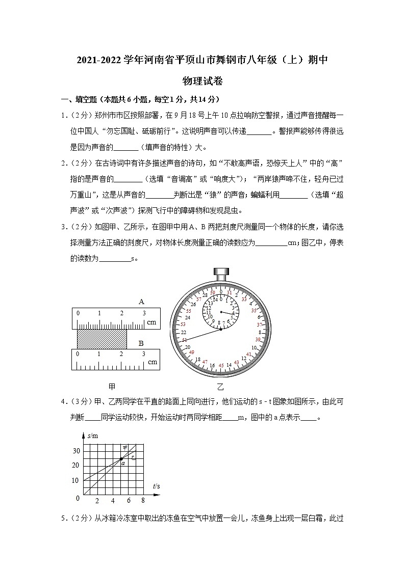 河南省平顶山市舞钢市2021-2022学年八年级上学期期中考试物理试题（Word版含解析）01