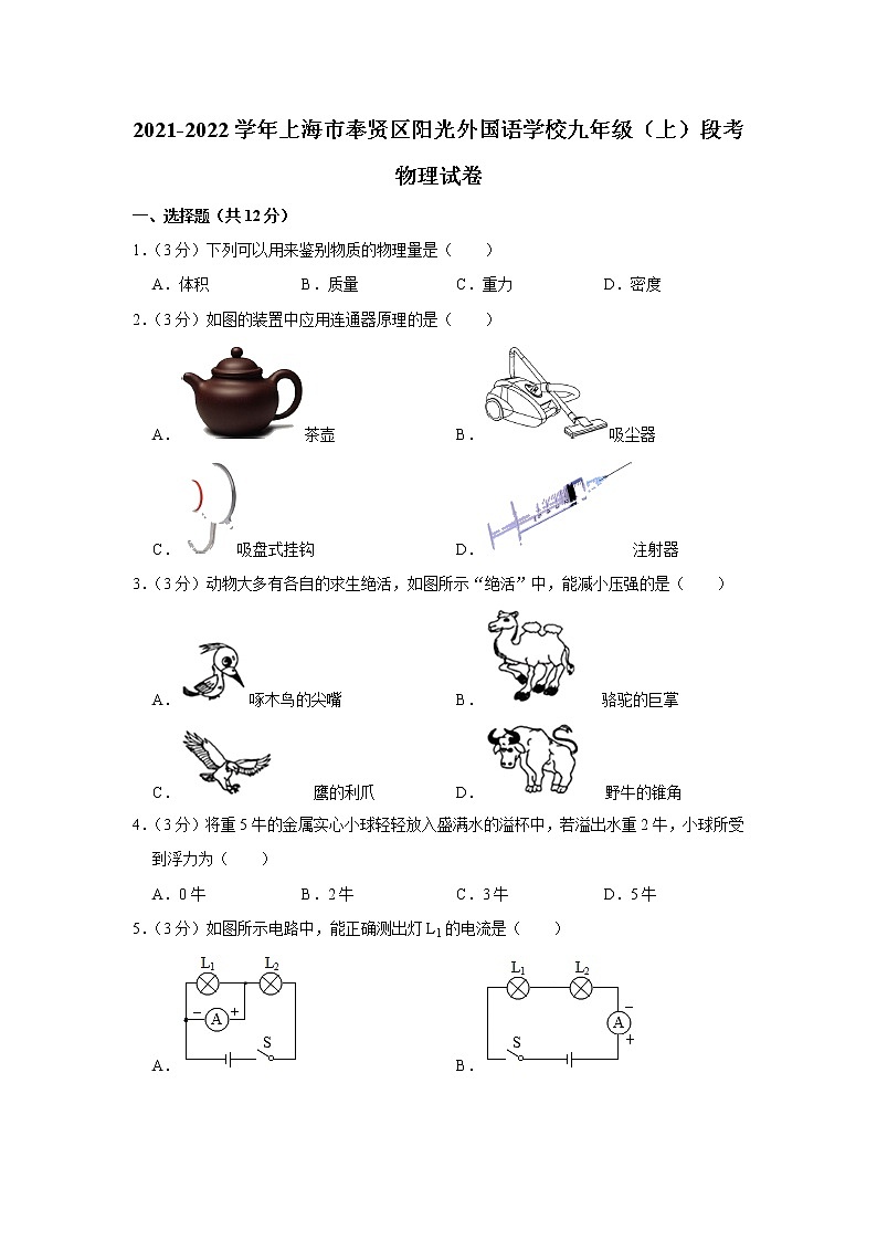 上海市奉贤区阳光外国语学校2021-2022学年九年级（上）期中考试物理试题（Word版含解析）第1页