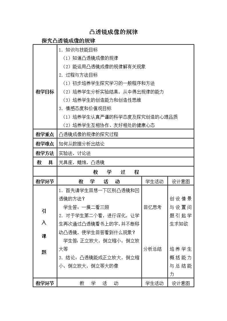 苏科版八年级上册物理 4.3 凸透镜成像的规律_(1) 教案第1页