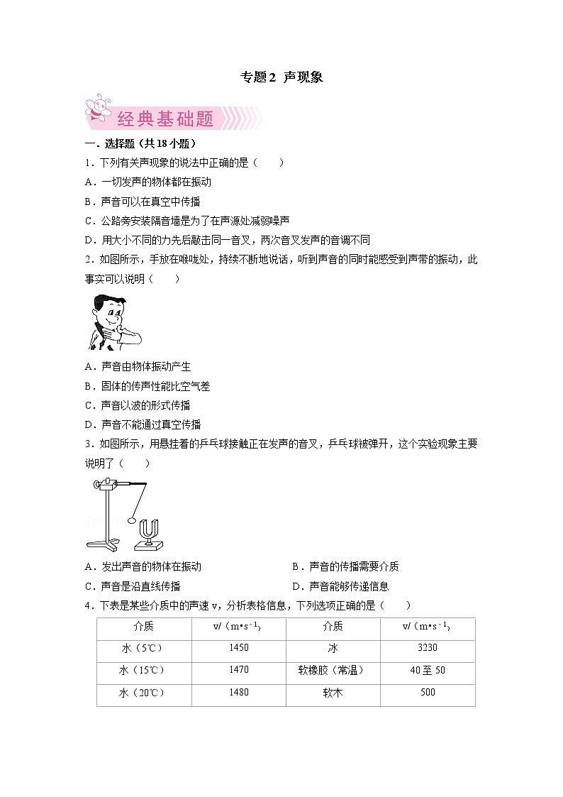 专题2 声现象-2021-2022学年八年级物理上学期期末考试好题汇编（人教版）（原卷版）第1页