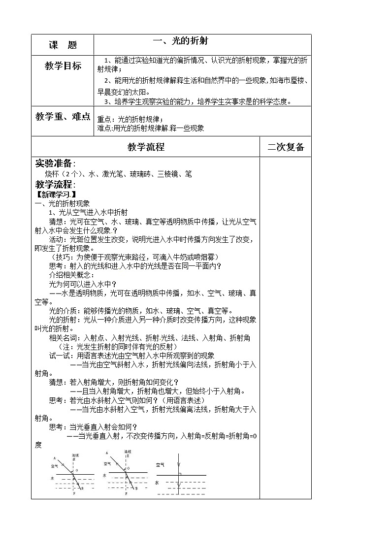 苏科版八年级上册物理 4.1 光的折射(16) 教案01