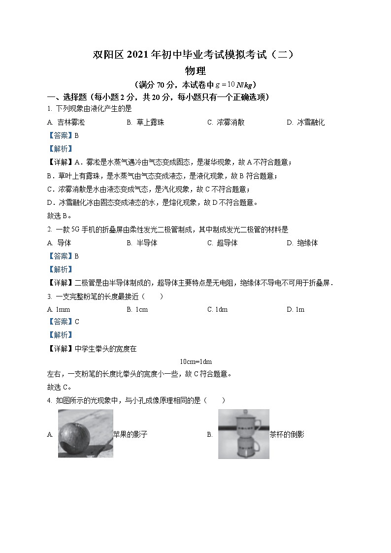 精品解析：2021年吉林省长春市双阳区中考二模物理试题（解析版+原卷版）01