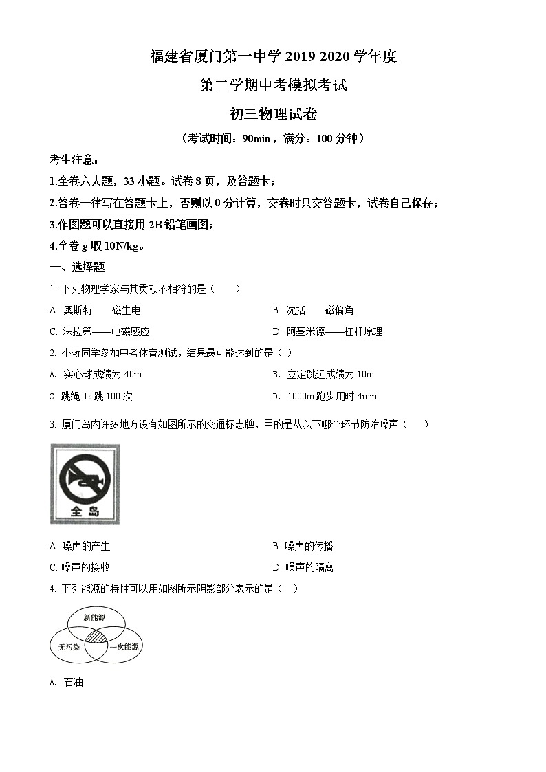 精品解析：2020年福建省厦门第一中学中考二模物理试题（解析版+原卷版）01