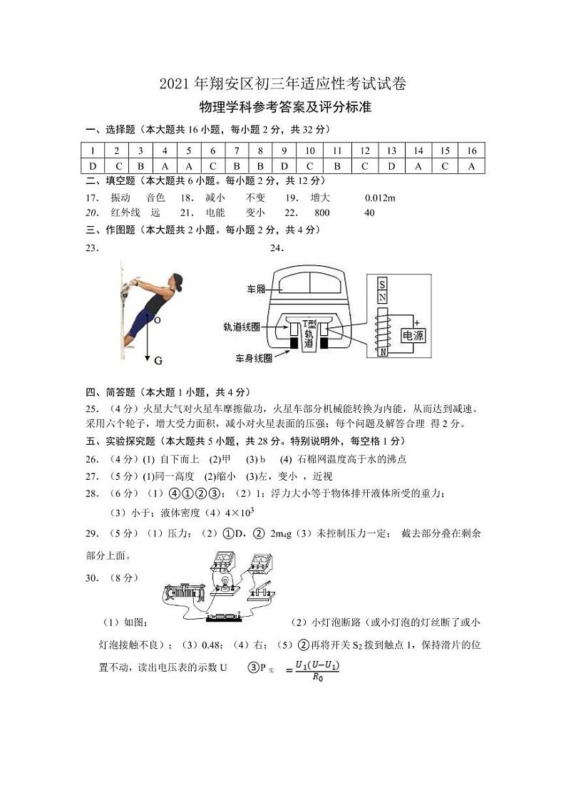2021年厦门翔安区 物理初中毕业班二模试卷 （答案及评分标准）第1页