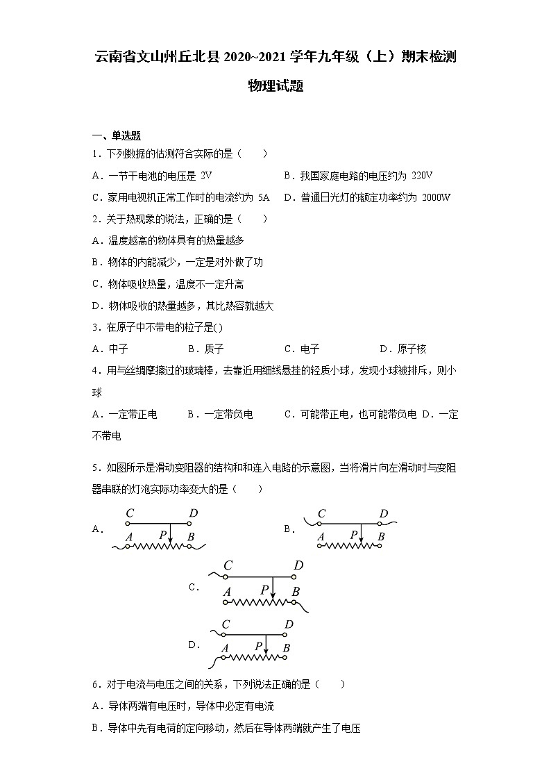 2020-2021学年云南省文山州丘北县九年级上学期期末检测物理试题（含答案与解析）01