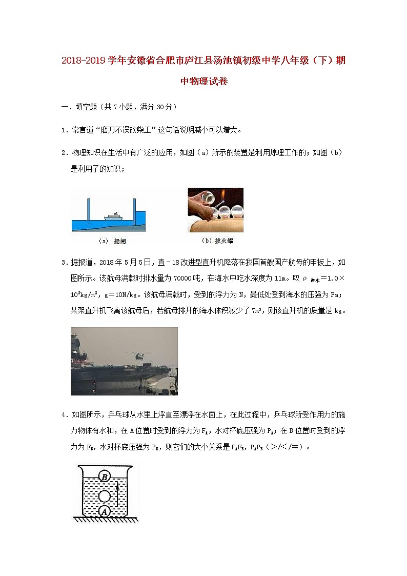 安徽省合肥市庐江县汤池镇初级中学2018-2019学年八年级物理下学期期中试卷（含答案与解析）01