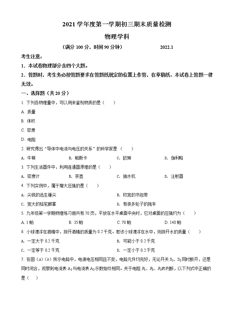 2022年上海市杨浦区中考一模物理试题 带详解第1页