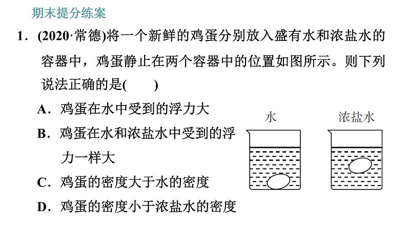 人教版八年级物理 期末提分练案 第3讲   第2课时   物体浮沉与密度关系的应用类型 习题课件第3页