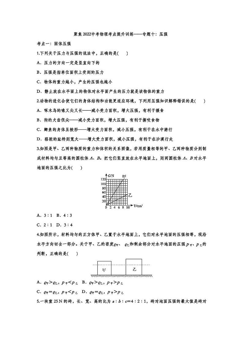 2022中考物理考点提升训练专题10：压强（含答案）第1页