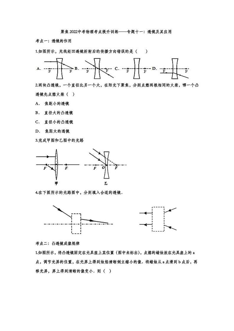 2022中考物理考点提升训练专题11：透镜及其应用（含答案）01