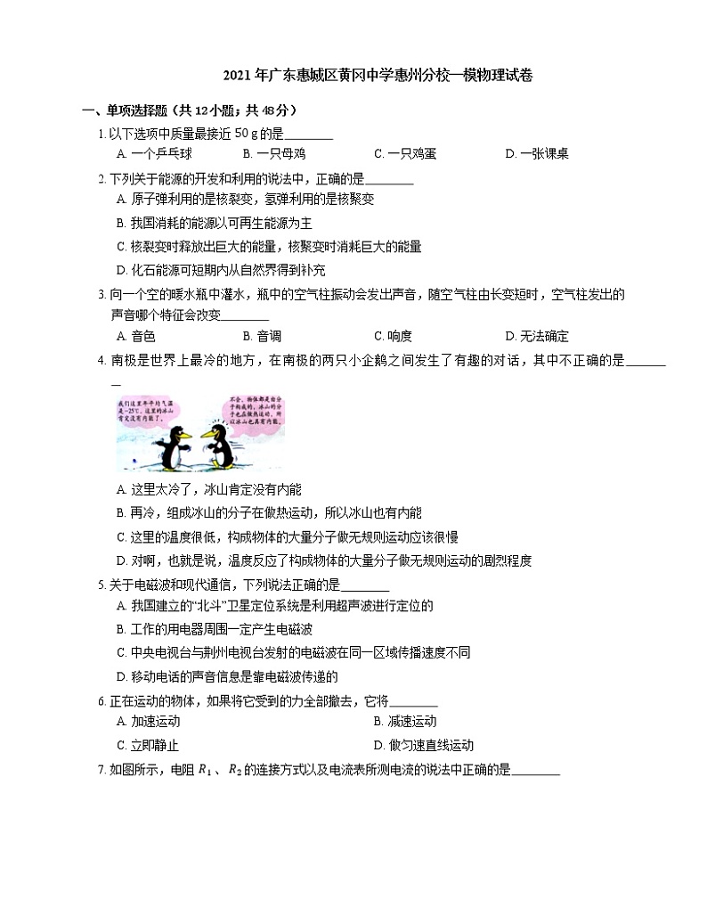 2021年广东惠城区黄冈中学惠州分校一模物理试卷第1页