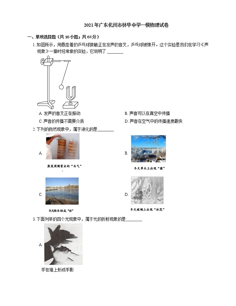 2021年广东化州市林华中学一模物理试卷第1页