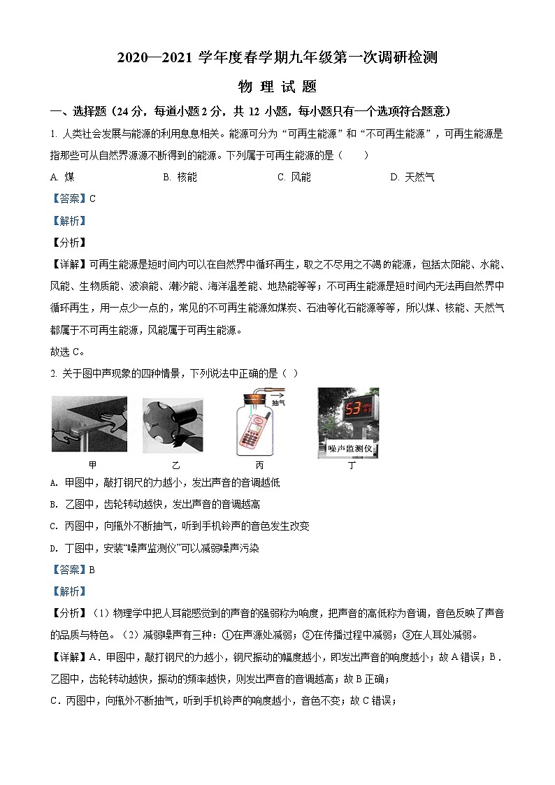 精品解析：2021年江苏省盐城市滨海县中考一模物理试题（解析版）第1页