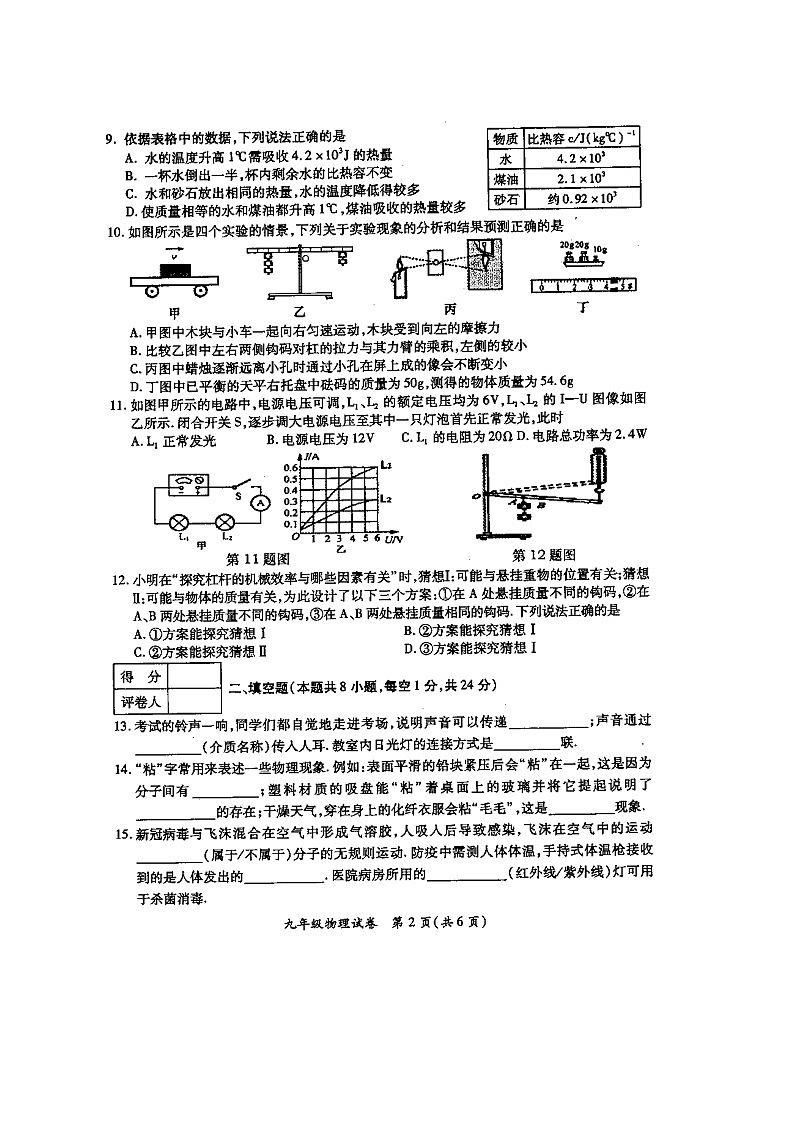 江苏省盐城市射阳县2020-2021学年九年级第一次模拟考试--物理试卷及答案02