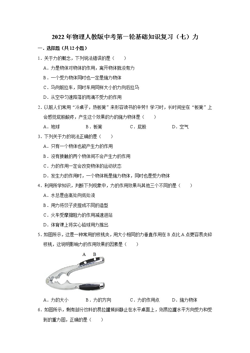 2022年物理人教版中考第一轮基础知识复习（七）力第1页
