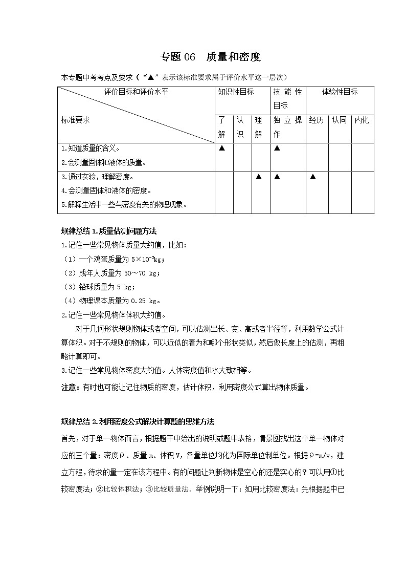 专题06 质量和密度-2022年中考物理一轮复习考点方法大突破`学案01