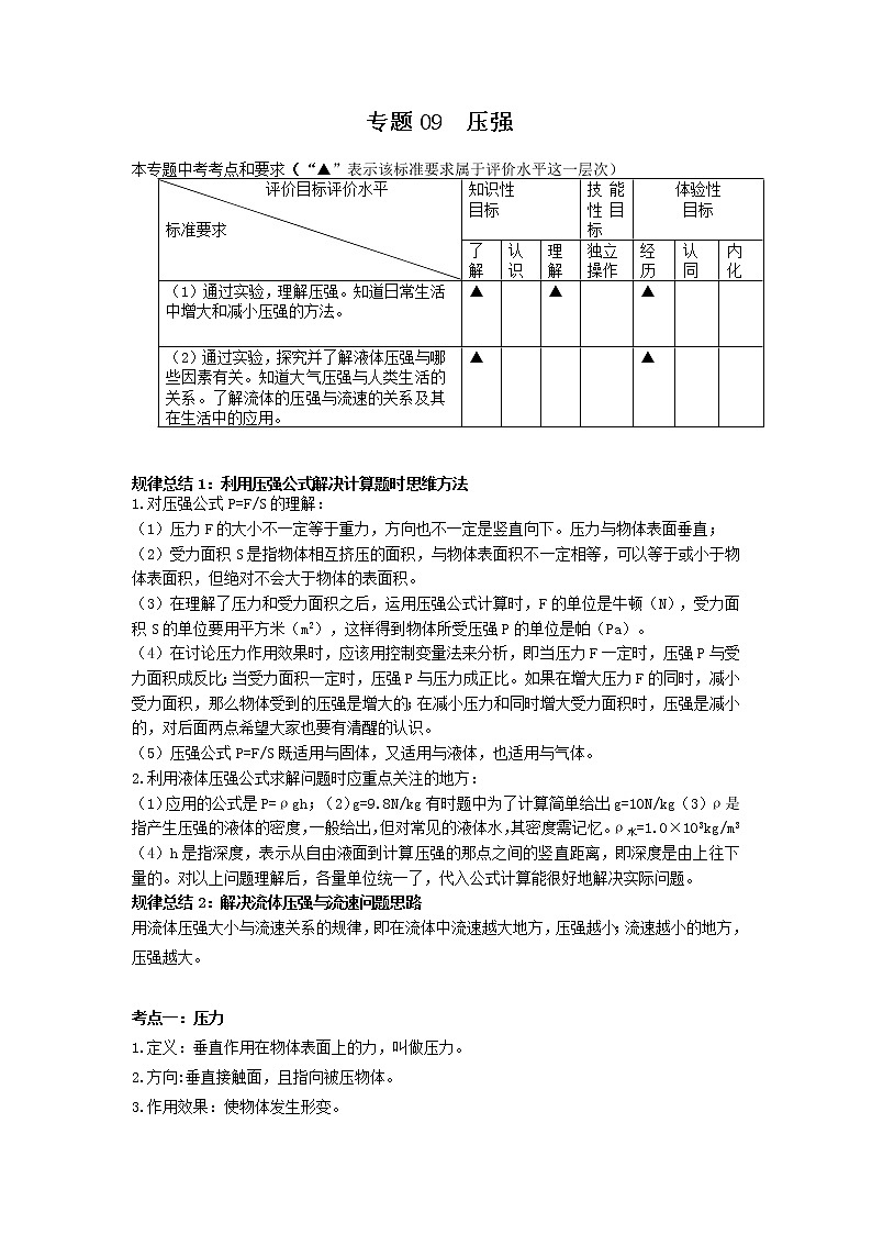 专题09 压强-2022年中考物理一轮复习考点方法大突破`学案01