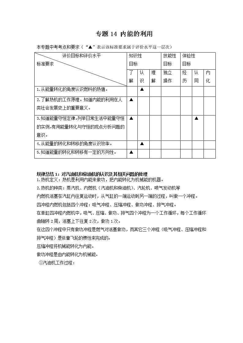 专题14 内能及其利用-2022年中考物理一轮复习考点方法大突破`学案01