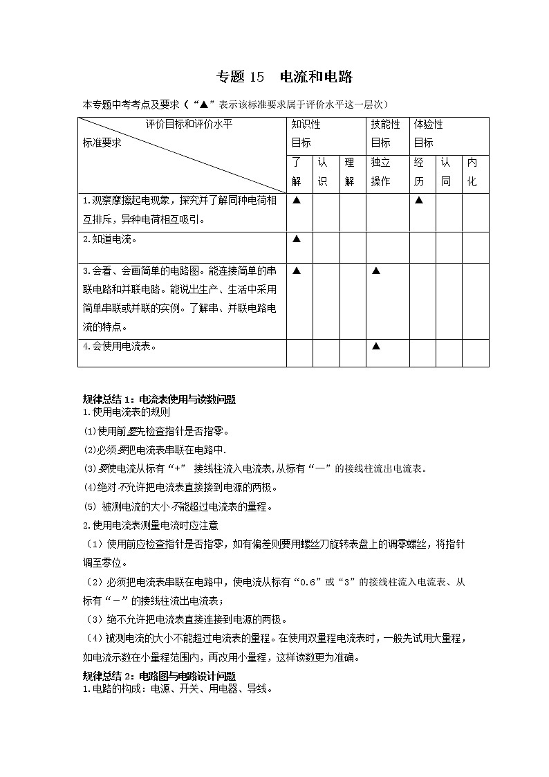 专题15 电路电流-2022年中考物理一轮复习考点方法大突破`学案01