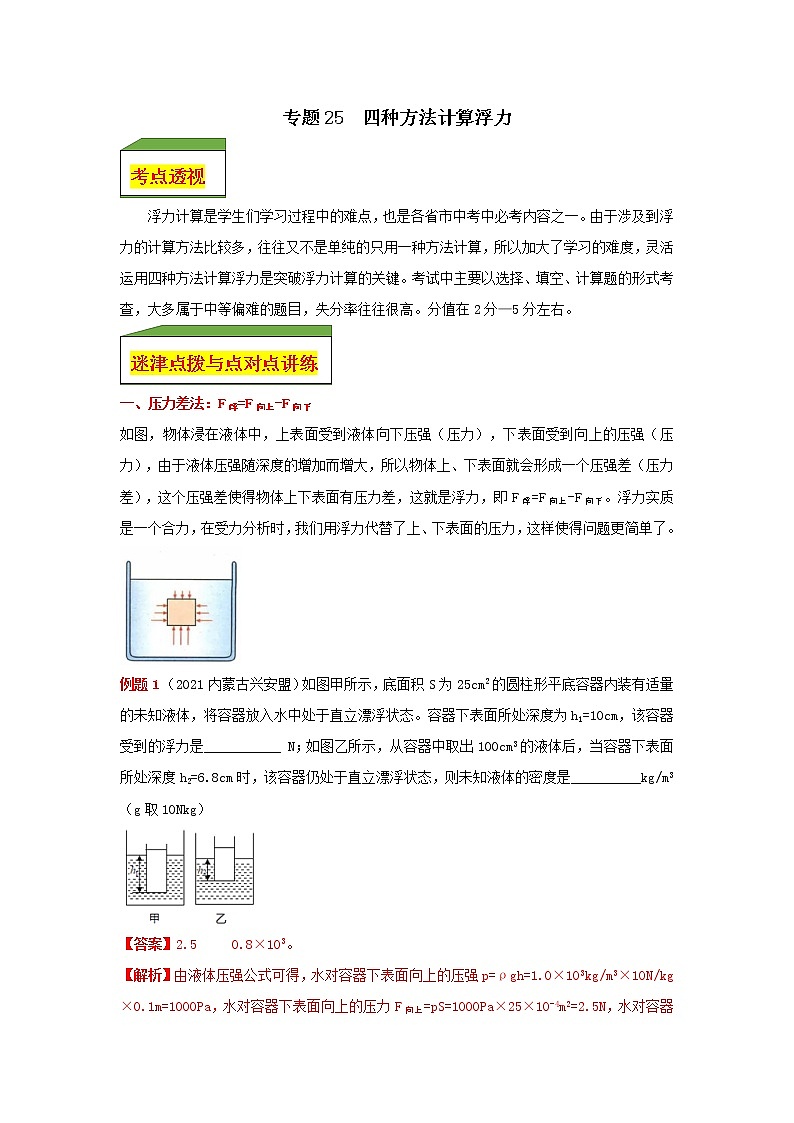 专题25 四种方法计算浮力（教师版）第1页