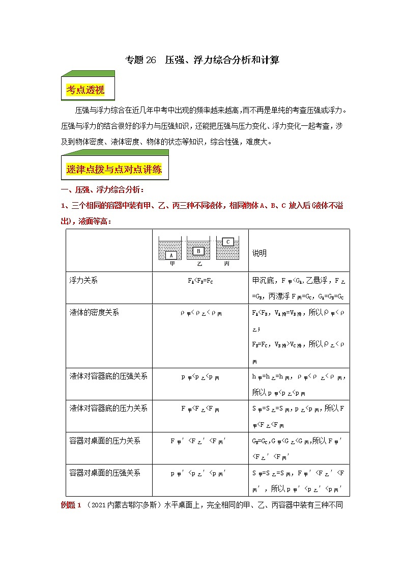 专题26  压强、浮力综合分析和计算（教师版）第1页
