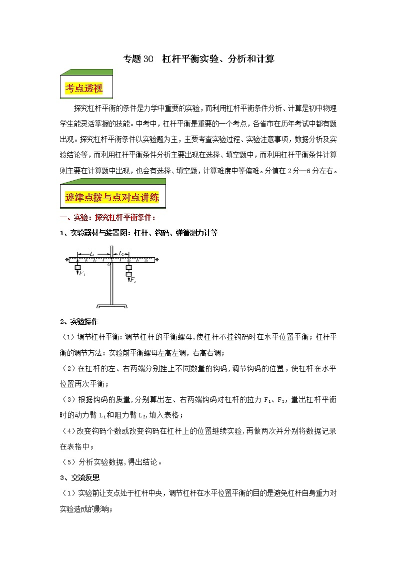 专题30  杠杆平衡实验、分析和计算（学生版）第1页