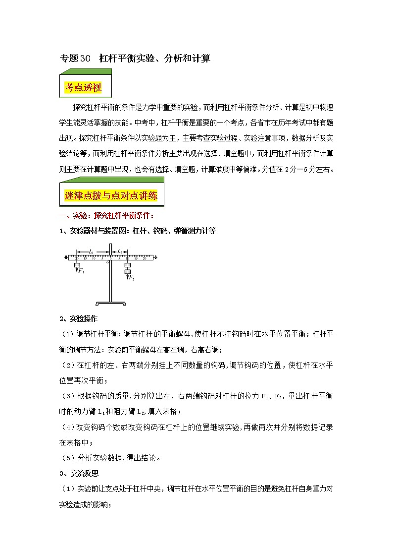 专题30  杠杆平衡实验、分析和计算（教师版）第1页