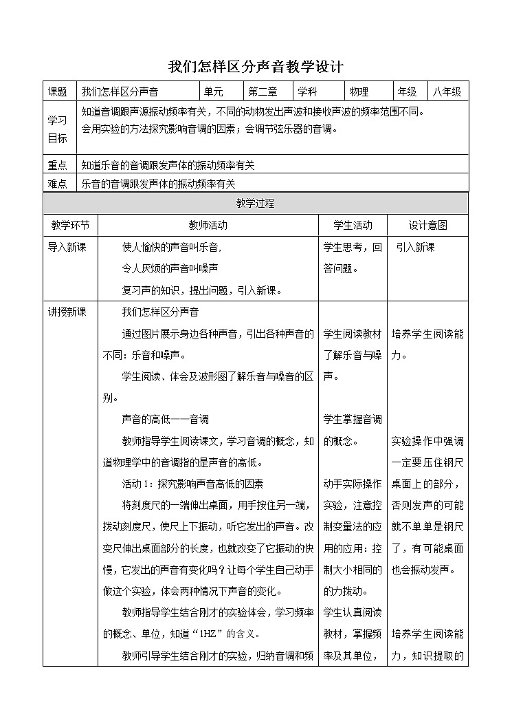 2.2我们怎样区分声音（教学设计）第1页