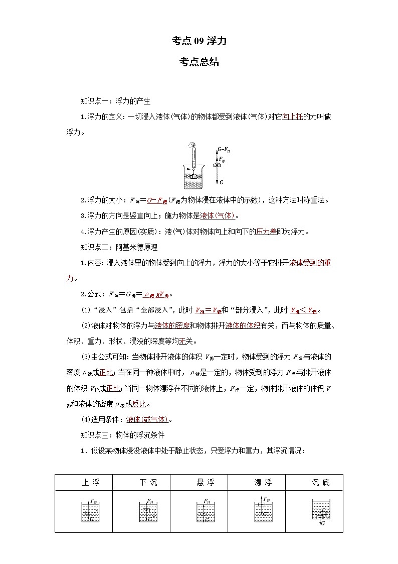 考点09浮力(解析版)-2022年物理中考一轮过关讲练（人教版）学案01