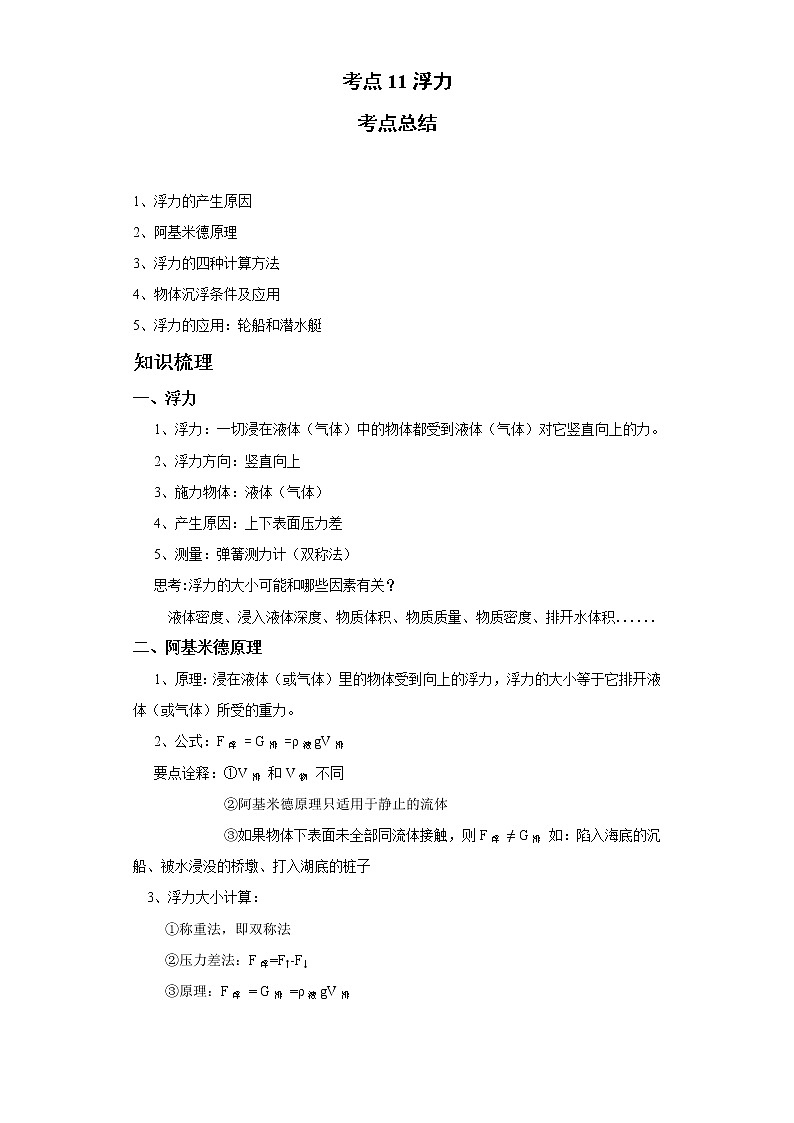 考点11浮力(解析版)练习题学案第1页