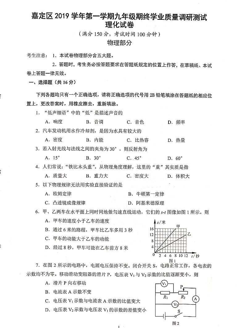 2020上海市嘉定区初三一模物理试卷及答案01