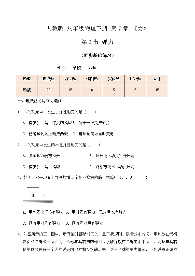 7.2弹力（同步基础练习）人教版初中物理八年级下册（解析版+原卷版）01