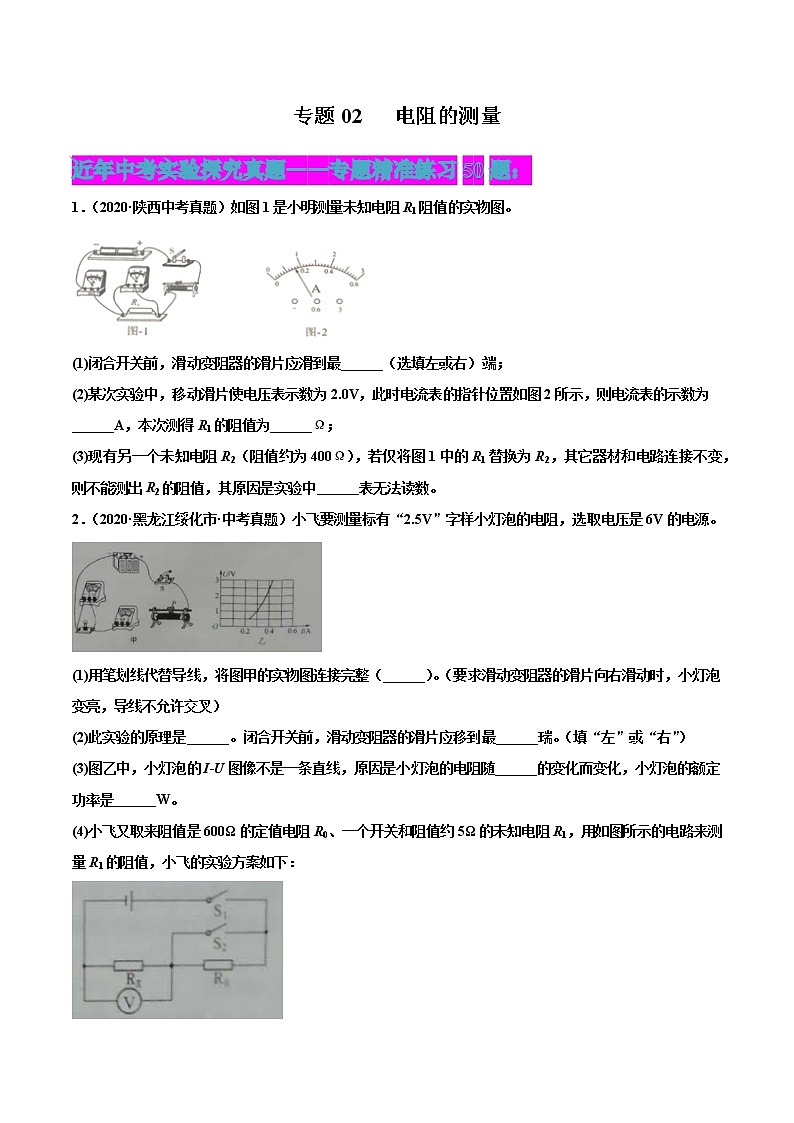 专题02 电阻的测量-2022届中考物理实验探究真题精准练101